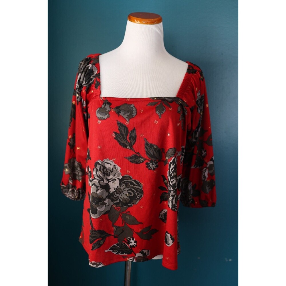 Alex And Parker Red Floral Print Square Neck Whimsigoth Romantic Tunic XL